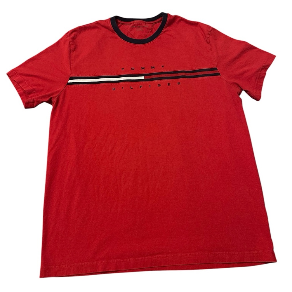 Red Tommy Hilfiger Flag Logo Ringer T-shirt-Size XL